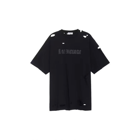 Balenciaga Distressed Black Logo Black Tee