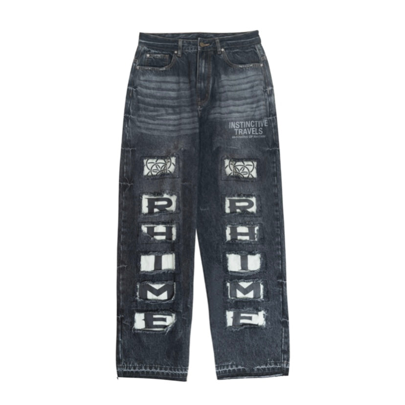 Rhime Logo Patchwork Denim Vintage Black Pants MrMEE