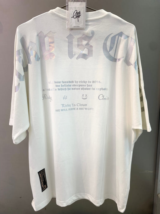 Rickyisclown Holographic Gathic Logo Drop Shoulder Oversized White Tee